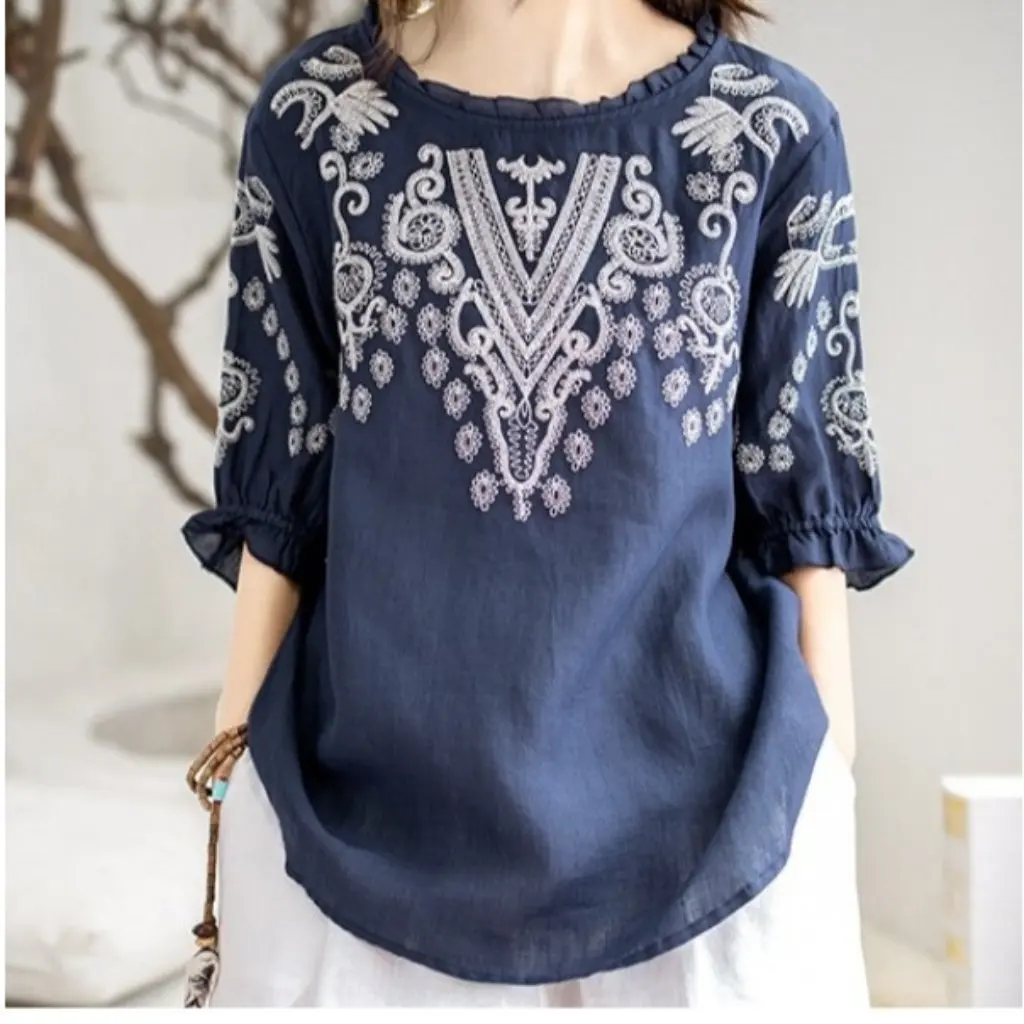 

Women's Floral Cotton T-shirt Japanese Embroidery Loose Lantern Sleeve Summer Top Spot