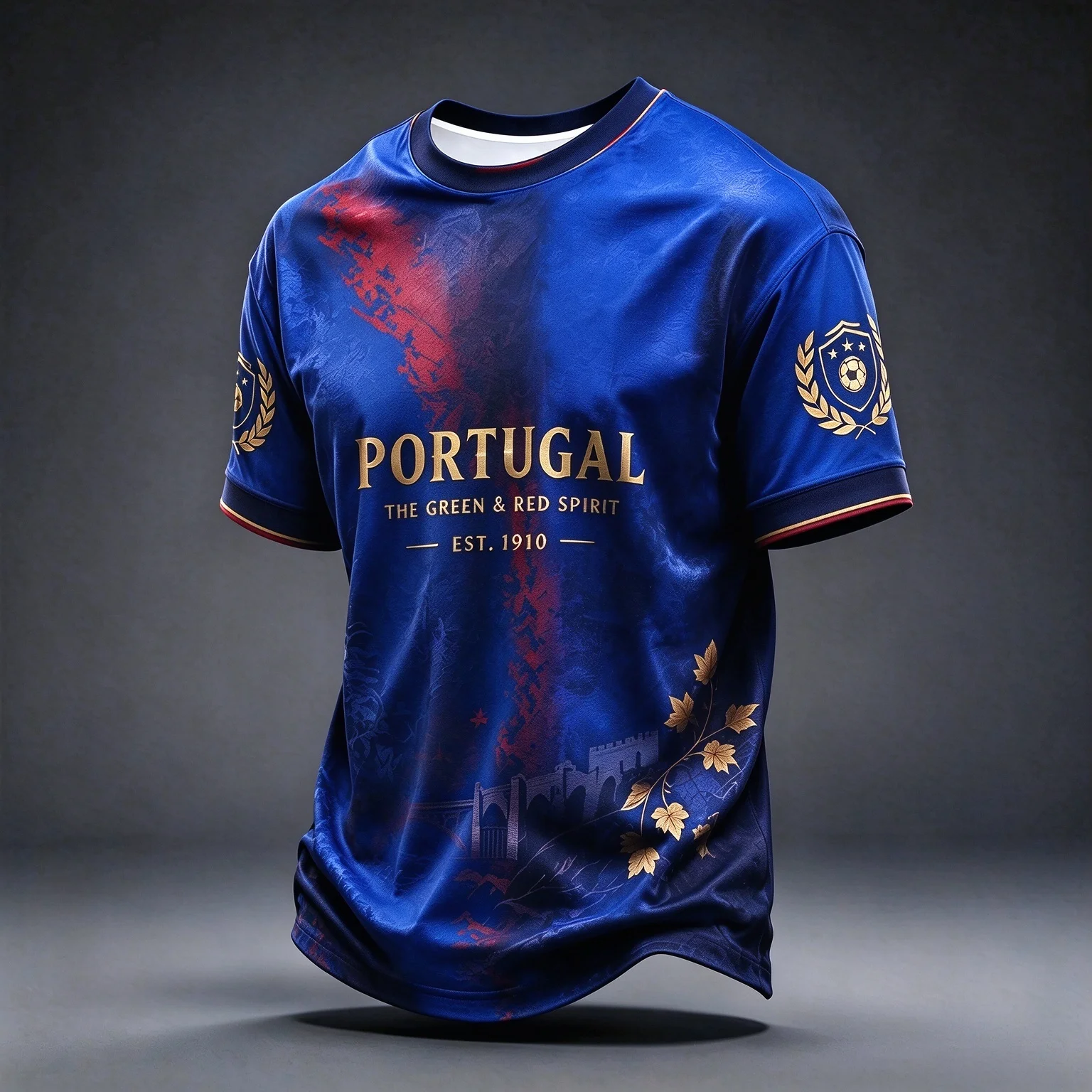 Trendy Portugal EST.1910 Men Sports T‑Shirt Building Silhouette Maple Leaf Gold Print Crew Neck Fan Tee Multi‑Color Link