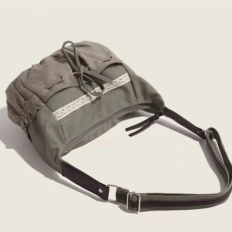 Korean Bow Canvas Crossbody Bags Women Fashion Vintage Drawsting Shoulder Bag 2024 New Casual Y2k New Retro Ladies Messenger Bag