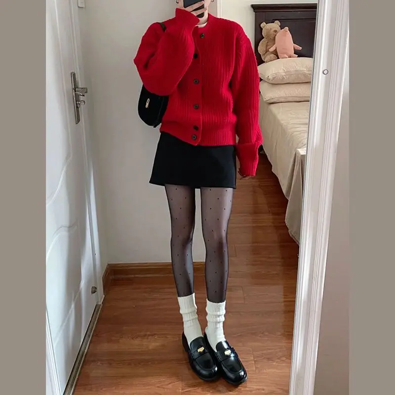 Women Casual Solid Lazy Wind Loose Sweater Coat Women's Autumn and Winter Red Cardigan Sweater Outwear