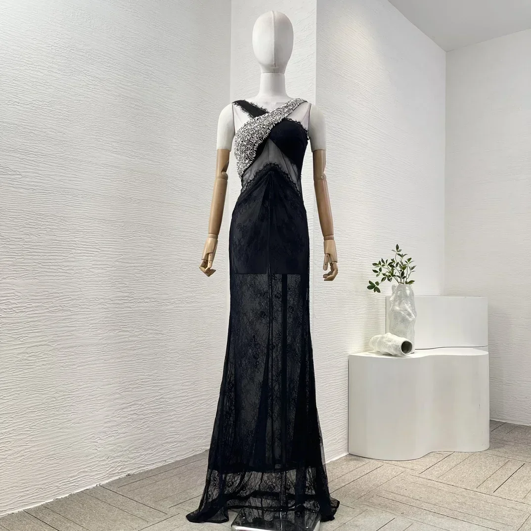 2024 New Black Cross Tie Front Sleeveless Diamonds Lace Patchwork See Throgh Maxi Dress for Women