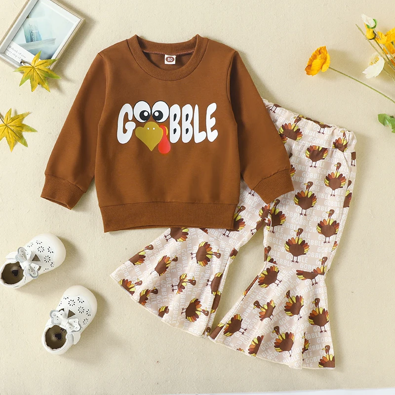 Thanksgiving Day Toddler Girl Outfit Cute Long Sleeve Top and Flare Pants Set for a Festive Look