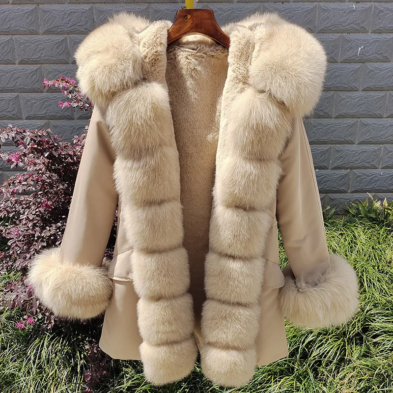 Hot Sale Pai Overcoming Women's 2024 New Winter Mid length Fox Fur Grass Coat with Detachable Collar, Front and Cuff Fur