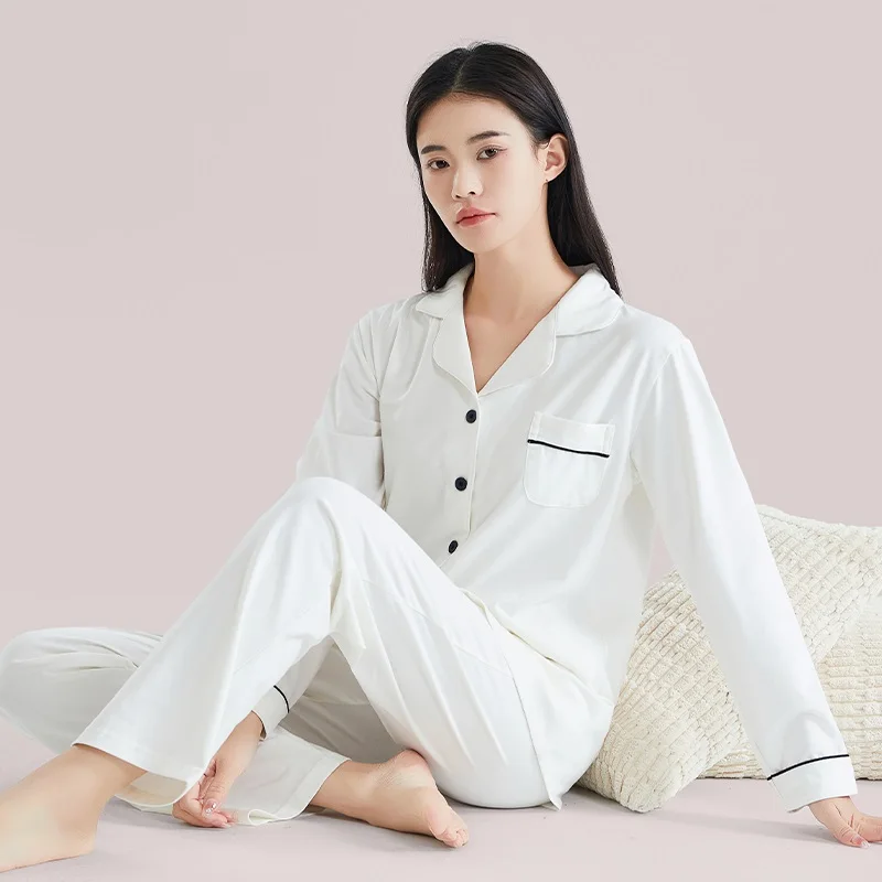 Fine Cotton Pajamas for Women PJ Full Sleeves Pijama Mujer Invierno Button-Down Winter Sleepwear Set Women White Cotton Pyjamas