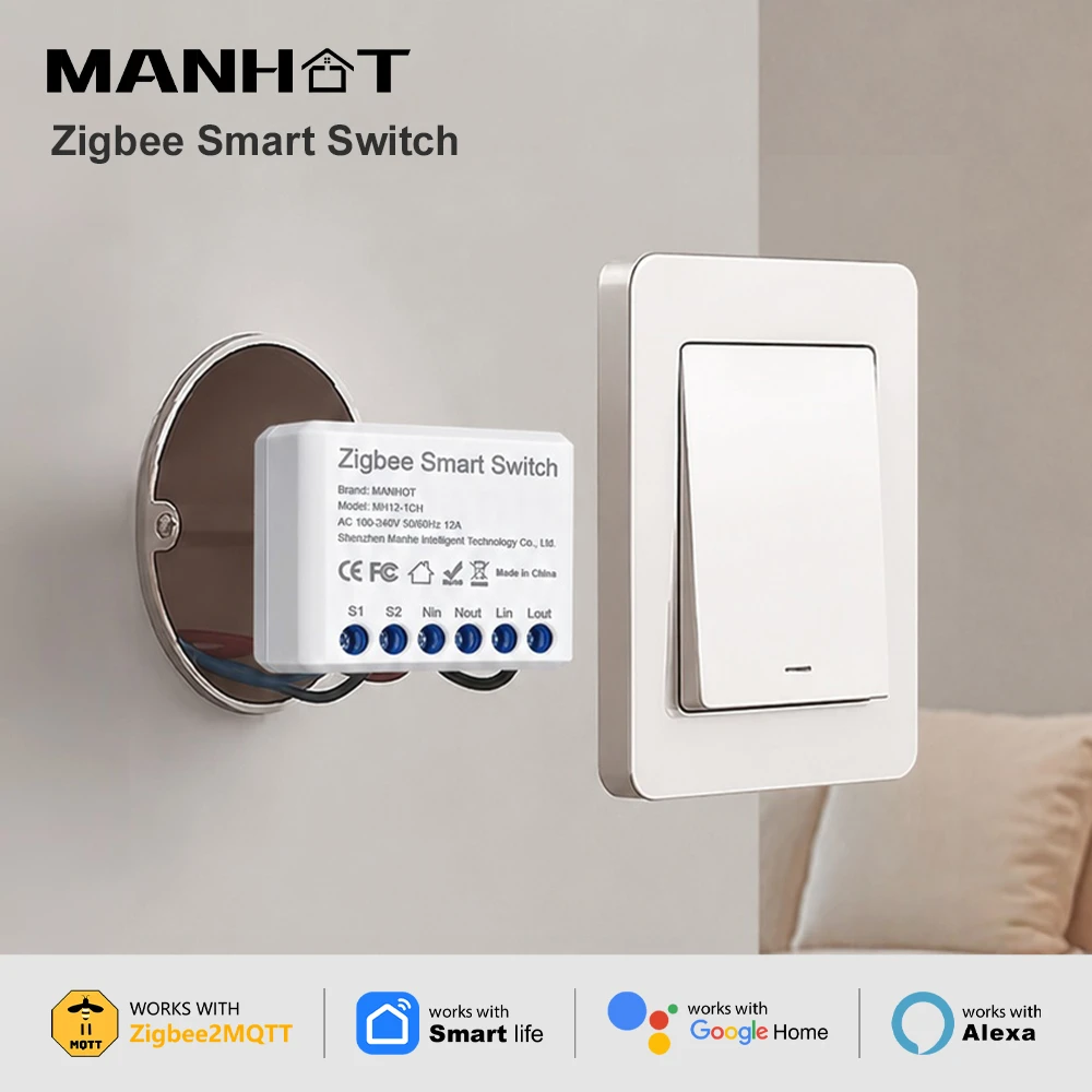 MANHOT Zigbee 3.0 12A Smart DIY Schalter 2-Wege-Modul Steuerung DIY Breaker Smart Home App-Steuerung Kompatibel mit HA/Zigbee2MQTT