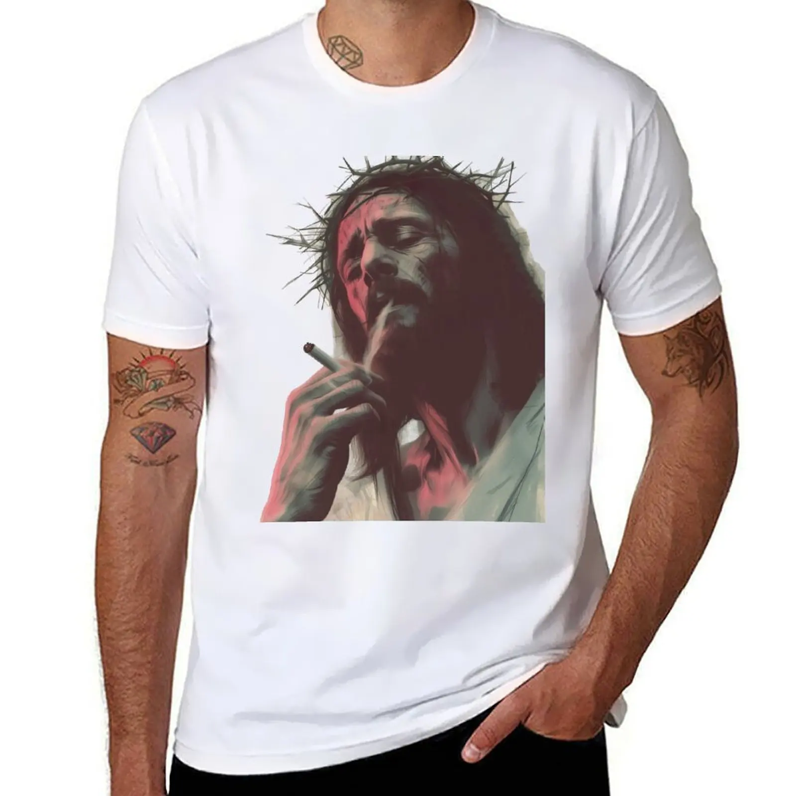 

Jesus smoking a cigarette, Jesus Has Had Enough, Depressed Jesus T-Shirt t shirt man luxury cotton tshirt 100% T-Shirt