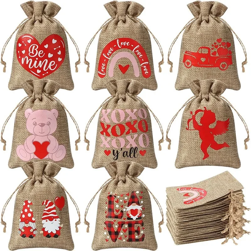 2025 Valentine's Day Linen Drawstring Bag Love Bear Gift Bag Bride To Be Wedding Candy Bags Happy Valentine's Party Decor