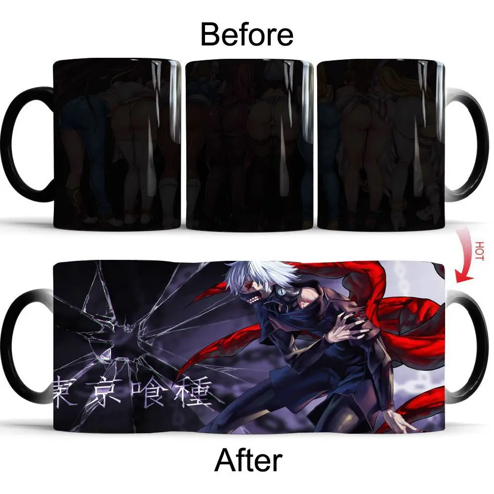 Taza que cambia de Color Tokyo Ghoul, taza de decoloración de Anime, tazas de café de cerámica Manga, tazas de té de la leche sensibles al calor, artículos novedosos