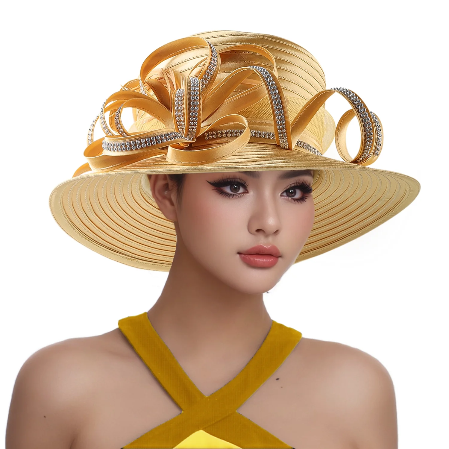 Multicolor Satin Cloth Rhinestone Church Hat Elegant Photography Top Hat Fashion Female Banquet Fascinator Wedding Formal Hat