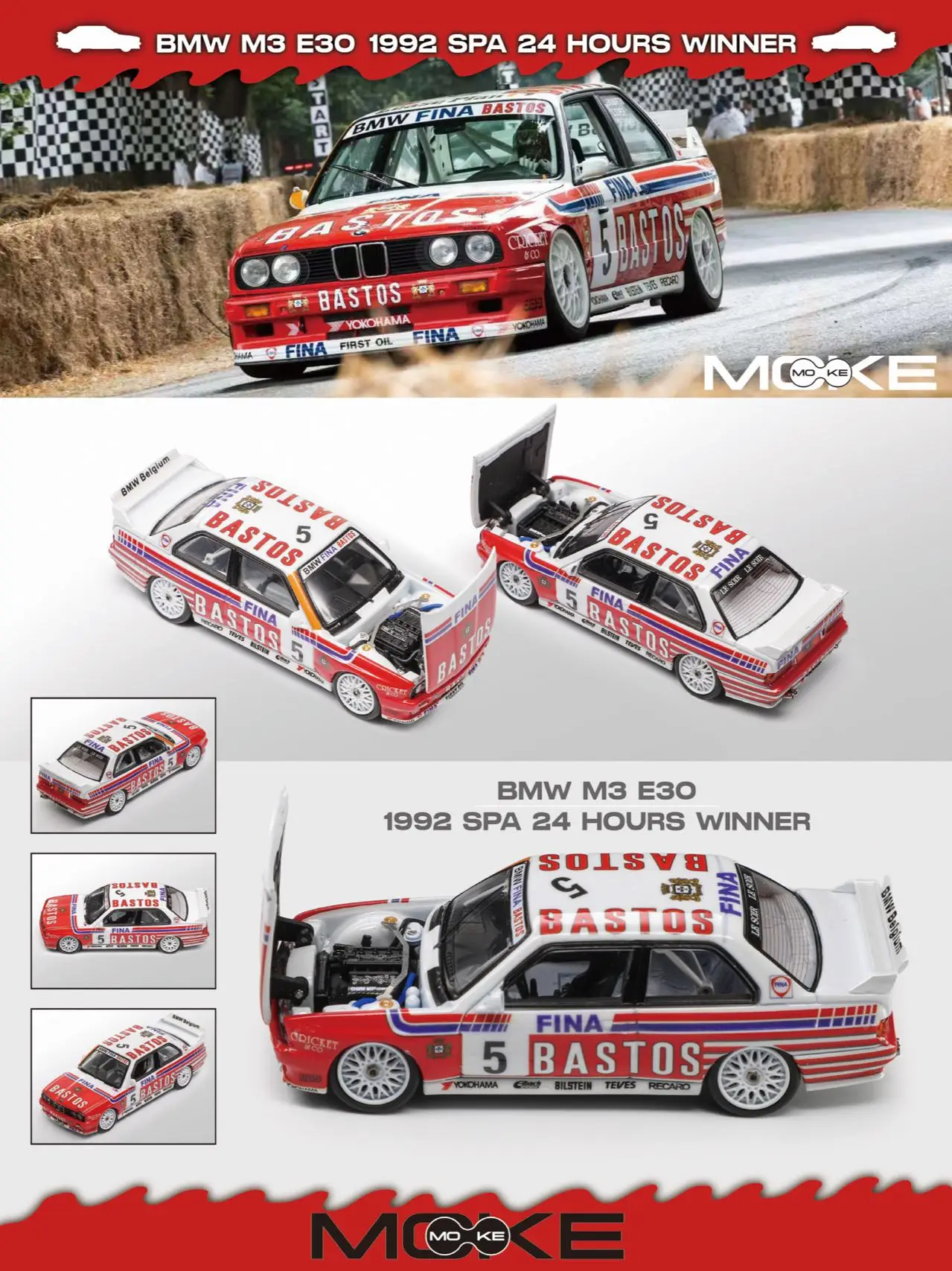 MOKE 1:64 BMW E30 M3 DTM SPA Champion/7-Eleven/91 Macau Carro de liga de motor aberto