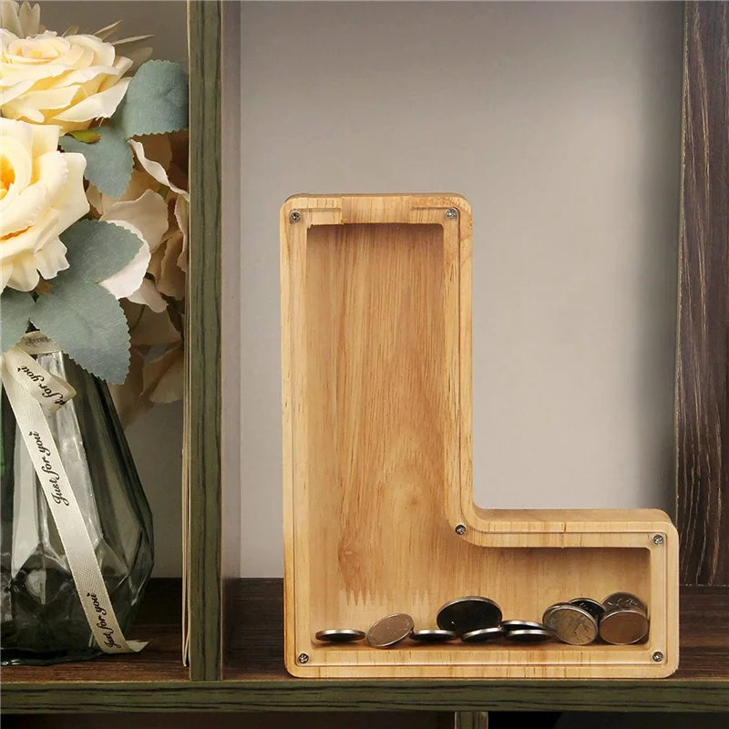 A72Z 2X tirelire personnalisée en bois Alphabet pour enfants pot d'argent pièce de monnaie adultes boîte d'épargne lettre décor (Alphabet-L)