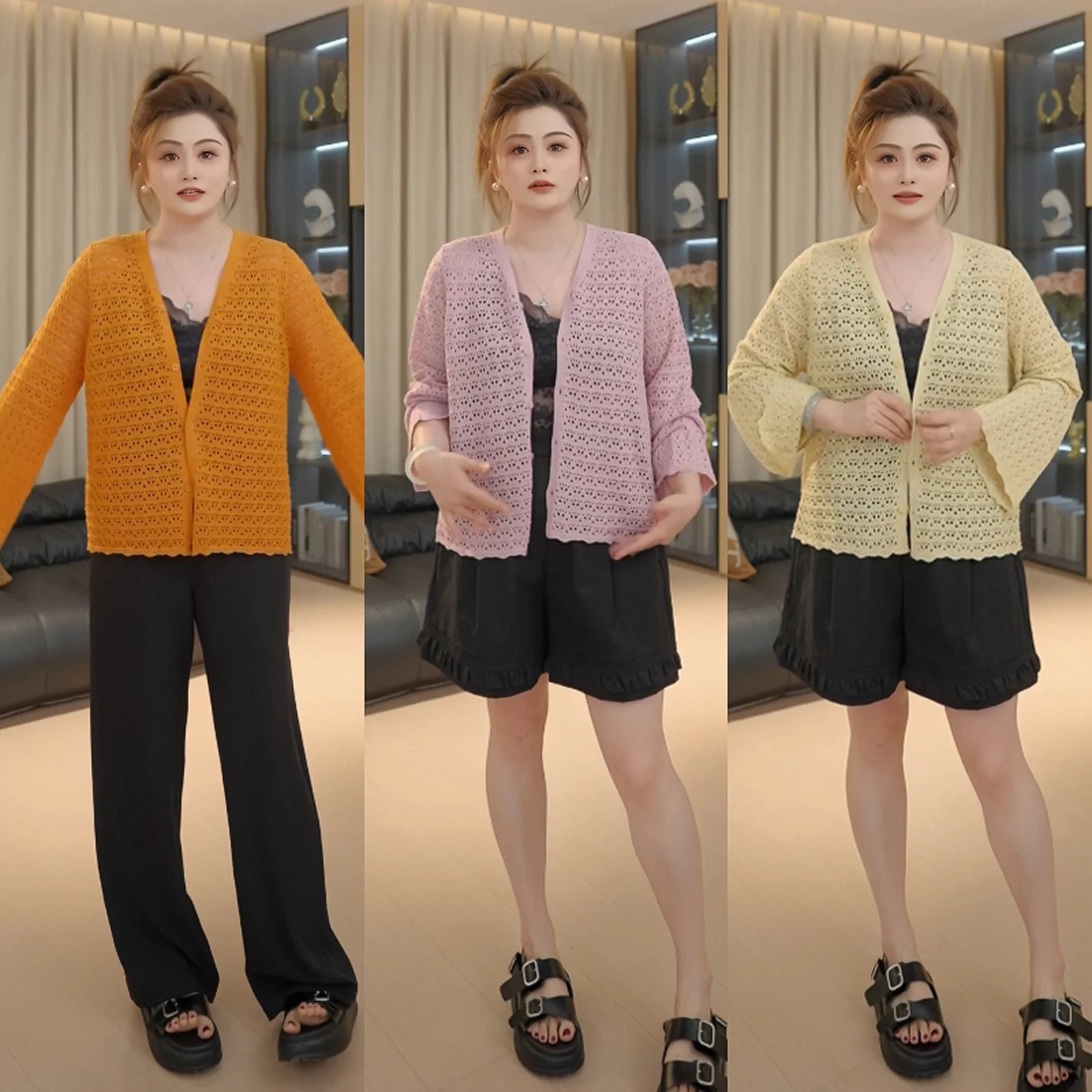 

Летний ажурный вязаный кардиган FatJiaJia из ледяного шелка, универсальный топ свободного кроя с длинными рукавами и V-образным вырезом, укороченный