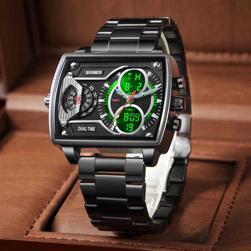 brand trendy square electronic watch cross-border explosion three time zones double luminous waterproof sports men's watch**