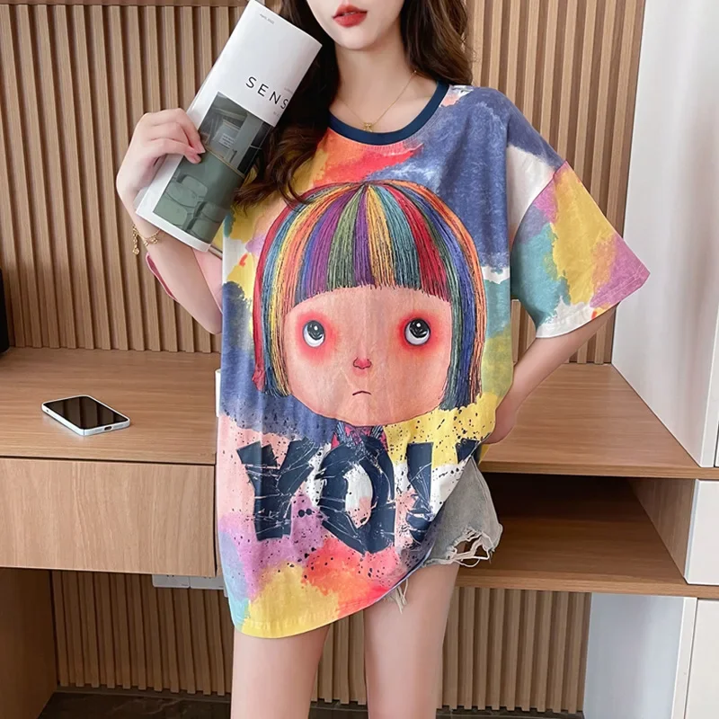 

2024 Summer New Tie-Dye Short-Sleeved T-Shirt Female Korean Cartoon Crew Neck Top Fashion Medium Length Plus Size Women's Wear