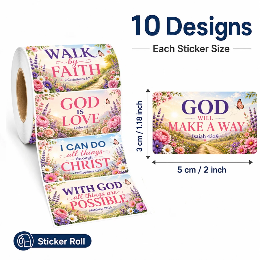 500 Pcs Bible Verse Stickers Roll, 10 Designs Inspirational Christian Scripture Labels, Floral Faith Stickers for Envelopes