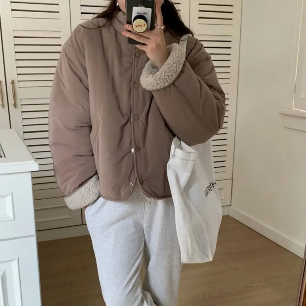 

Korean Chic Reversible Lamb Wool Jacket Autumn Winter Lazy Loose Style Half Turtleneck Contrast Color Women's Upperwear