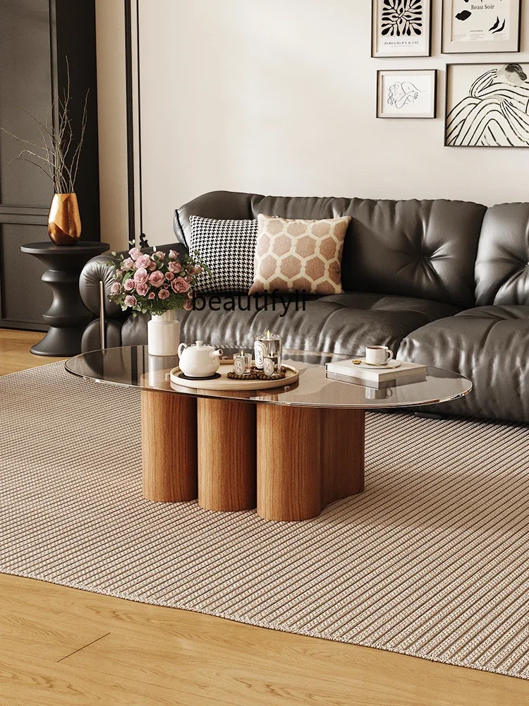 

Chinese Ancient Style Coffee Table Living Room Home Small Apartment round Simple Glass Retro Style Creative