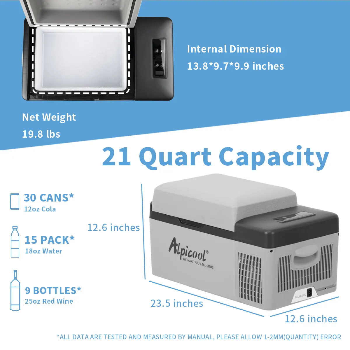 Alpicool C20 portable compressor fridge freezer 21Quart(20Liter) for car and home - 12V/24V DC and 110V AC