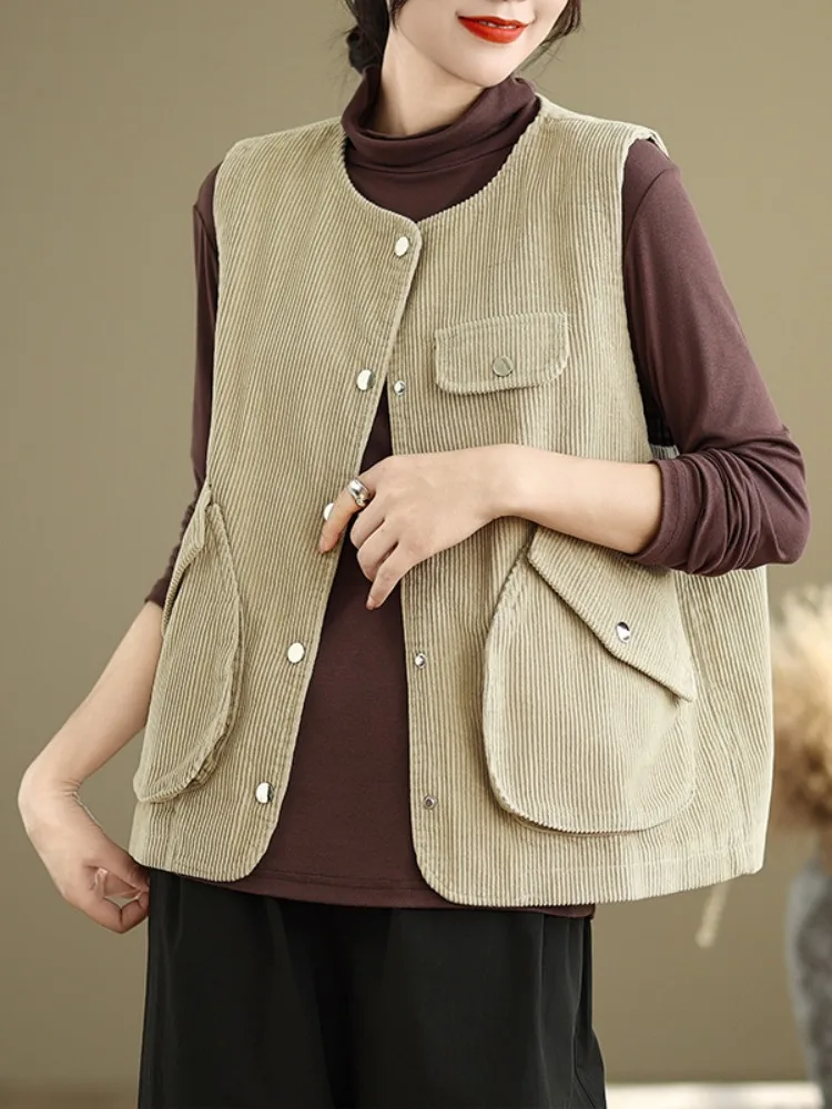 

Retro Corduroy round Ne Vest Jaet Women's Casual Layering oulder Pad ket Svel Top Spring 2025 Commute Sle