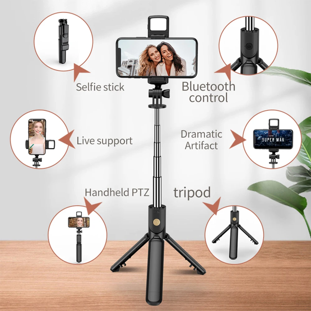 Trépied extensible sans fil avec lumière Bluetooth, perche à selfie, trépied extensible à distance pour iPhone, téléphone portable, diffusion en direct Tiktok