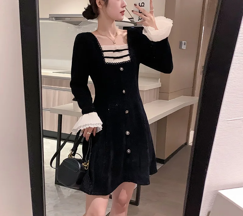 

Realistic autumn and winter black retro Hepburn style patchwork square neck temperament flared sleeve dress long sleeved skirt