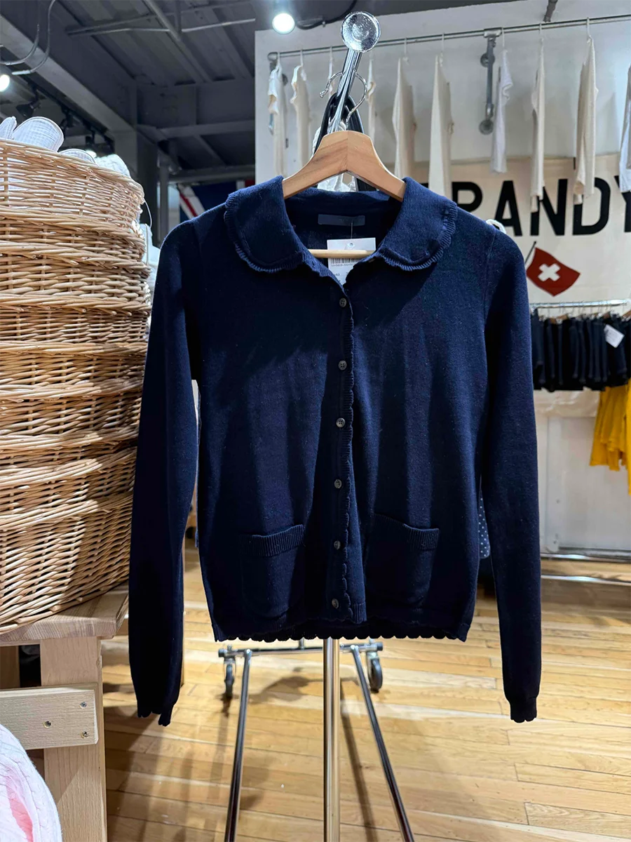 الدانتيل تقليم بيتر بان طوق البحرية سترة المرأة الخريف نمط Preppy الحلو واحدة الصدر طويلة الأكمام جيب ضئيلة محبوك سترة