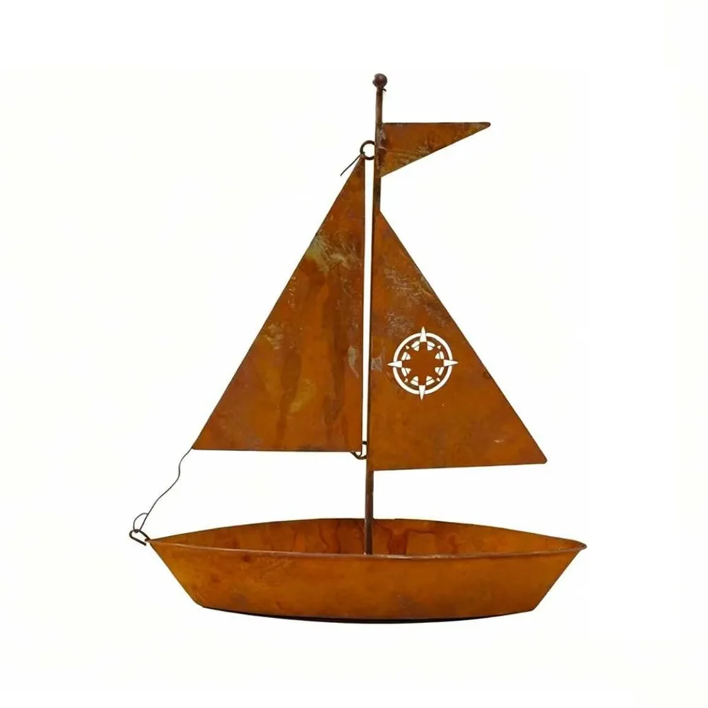 Rustic Sailboat Flower Pot Wrought Iron Handmade Metal Succulent Pots Rust-Proof Vintage Nautical Potted Planter Garden Patio