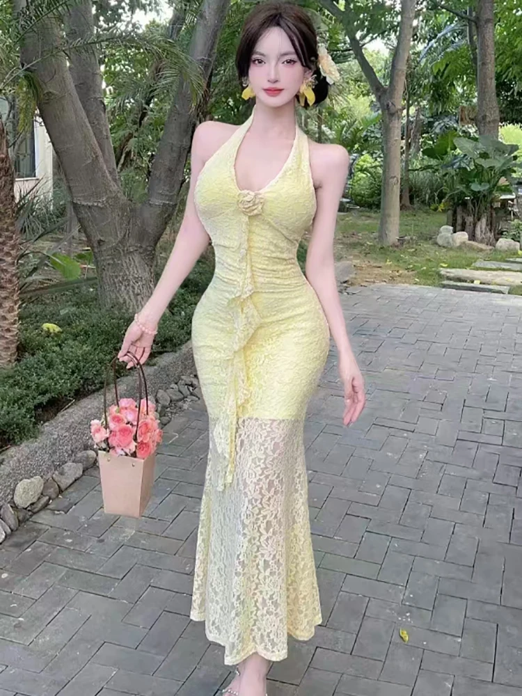 ผู้หญิงลูกไม้ Jacquard เซ็กซี่คอติดตั้งชุดฤดูร้อนหรูหรา Ruffled ชุดยาวชุด 2025 เกาหลี Vintage Night Dress