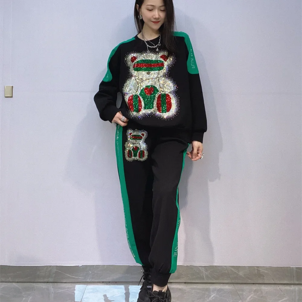 

Cartoon Bear Diamonds 2 Piece Sets Womens Outfits Autumn Clothes Loose Tracksuit Casual Printed Side Stripe Top and Pant Sets