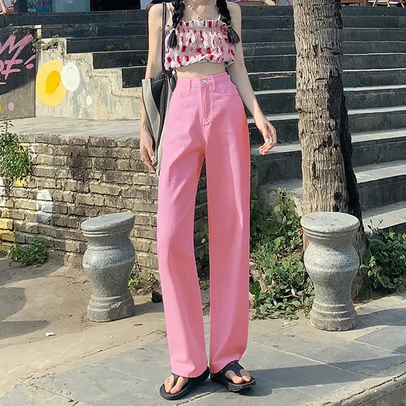 Bright Colors High Waist Straight Leg Jeans, Women's Autumn and Winter Casual Wide-leg Pants, Water Washing Floor-length Jeans