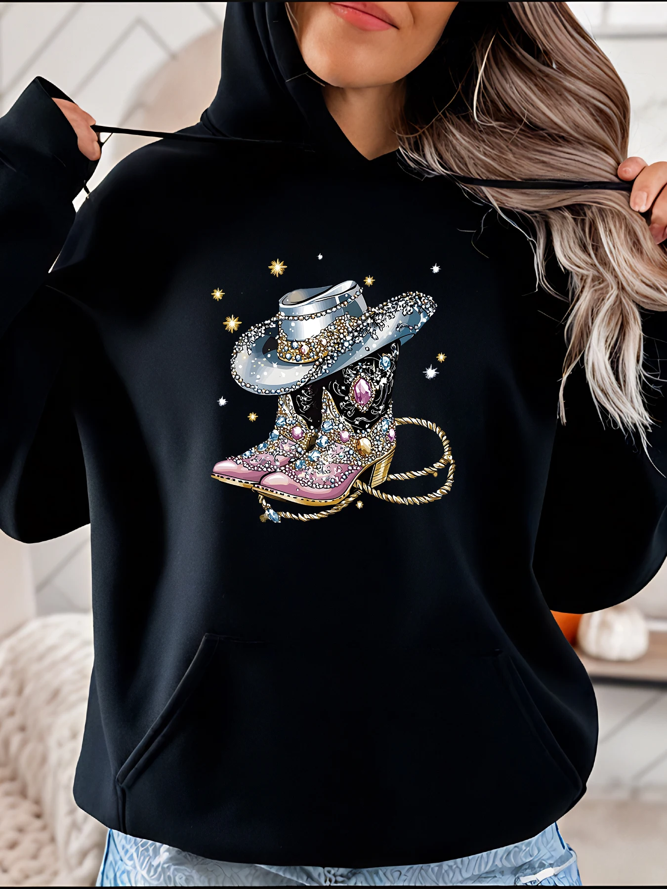 เสื้อฮู้ดลายรองเท้าคาวบอยและหมวกคาวบอย สไตล์แฟชั่นลำลองสำหรับผู้หญิงและเด็กผู้หญิง
