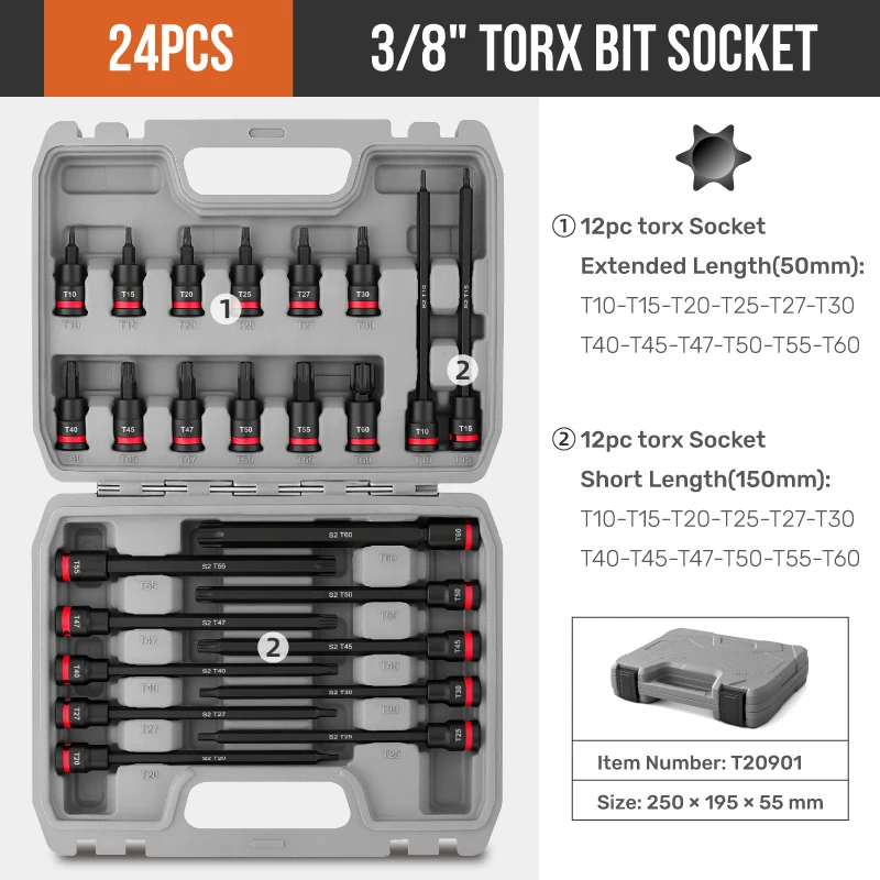 24 Pz 3/8 "Set di bussole a impatto T10-T60 Set di bussole Torx Set CR-V Chiave a bussola 150mm Presa estesa Strumento manuale Anello colorato