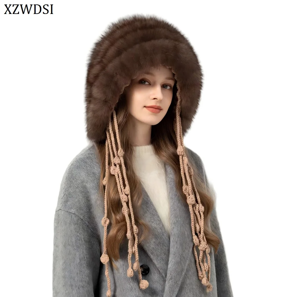 

2025 New Arrival Luxury Women's Fashionable Beanie Hats Real Fox Fur Knit Hat with Tassels
