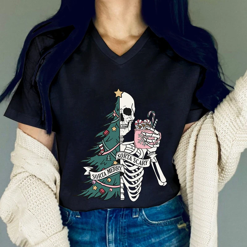 Women Funny Christmas Tree and Skull Graphics Tshirt Sorta Merry Sorta Scary T Shirts Vintage Skeleton Coffee V Neck Xmas Tees