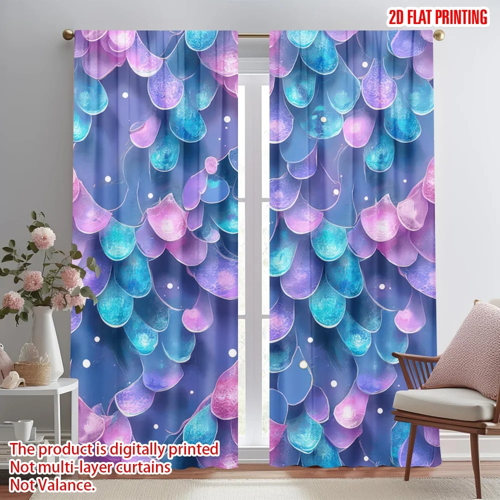 

2D flat printing 2pcs Window Curtains Pastel Mermaid Scales Digital Printed Polyester Drapes All Season Party & Holiday Decor