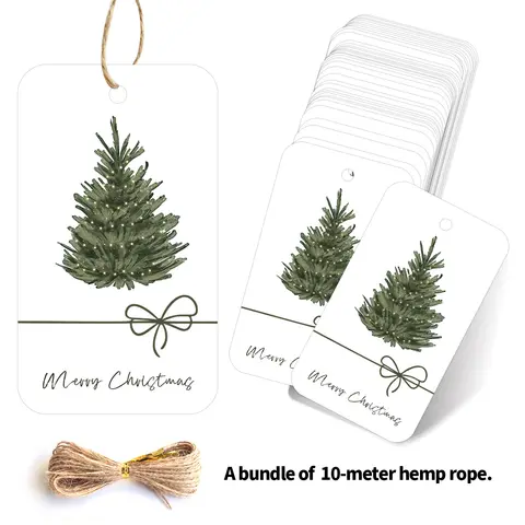 대마 밧줄이 달린 50개 크리스마스 행 태그-녹색 손으로 그린 ​​크리스마스 트리 디자인, 포장용 Diy 공예 선물 카드, 파티 장식