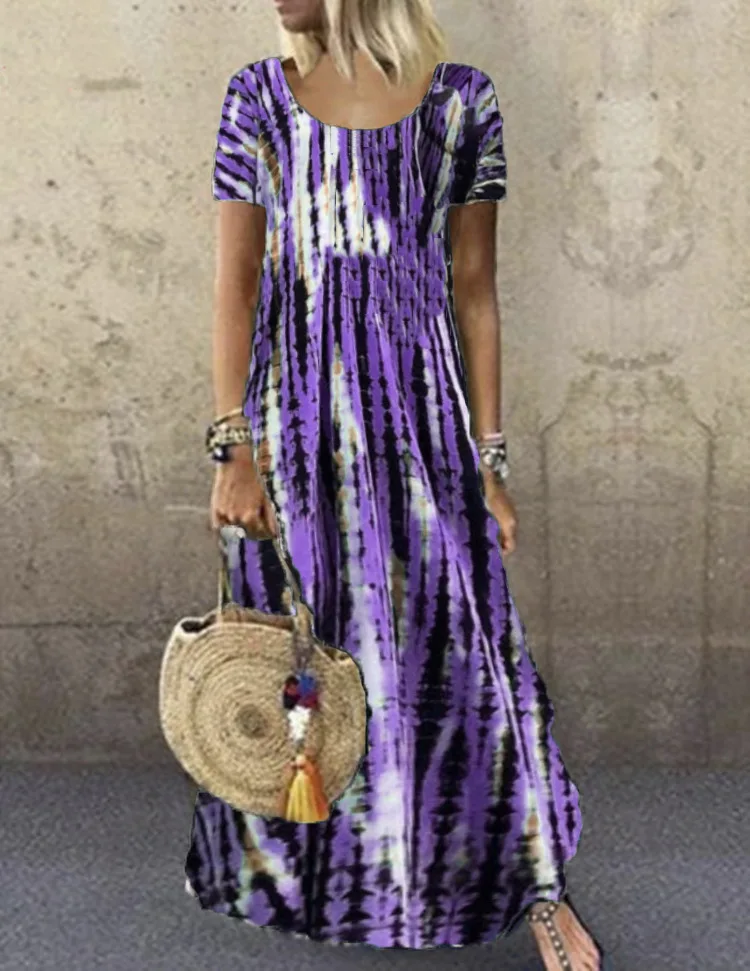 تنورة طويلة مطبوعة بربطة عنق ، فستان كاجوال برقبة مستديرة ، أكمام قصيرة ، أوربية وأميركية ، جديدة ، صيفية