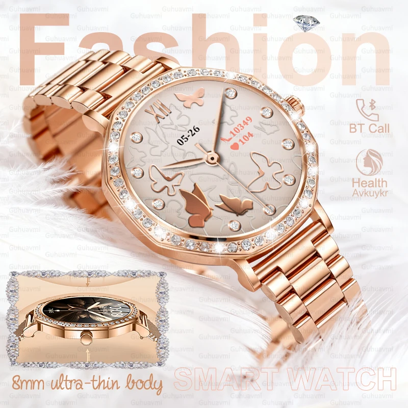 

Women Rose Gold Diamond Smartwatch Lady Fitness Tracker BT Call Heart Rate Oxygen IP68 Waterproof Full Touch Screen Smart Watch