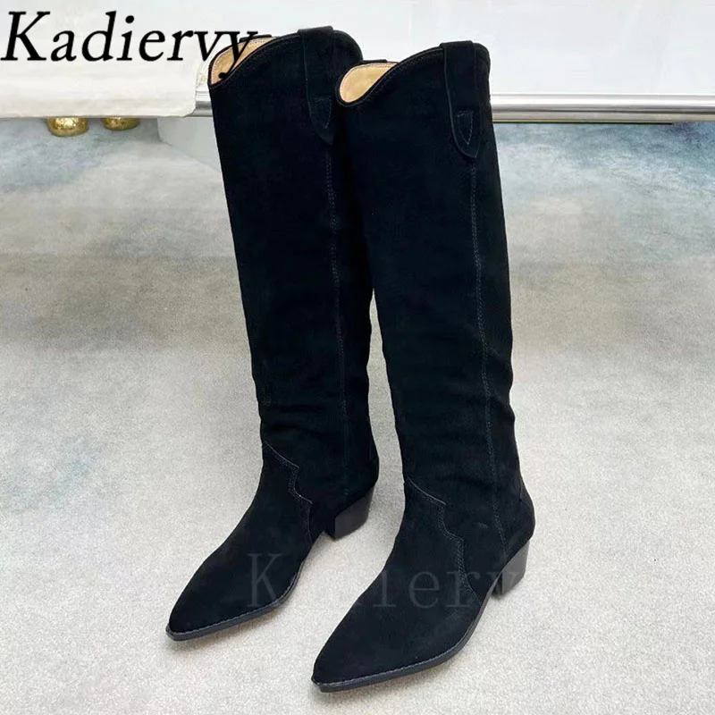 Suede Leather Embroidery Western Cowboy Boots Women Pointed Toe Slip-On Long Boots Women Square Heels Knee-High Boots Woman