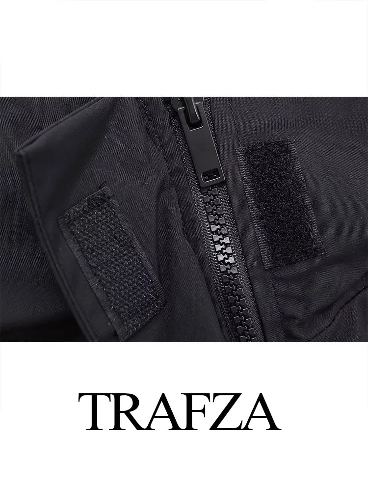 TRAFZA 2024 ฤดูใบไม้ร่วงHoodedเสื้อแจ็คเก็ตผู้หญิงแฟชั่นหลวมZipper Fly Croppedแจ็คเก็ตผู้หญิงด้านบนกับกระเป๋าหญิงเสื้อ