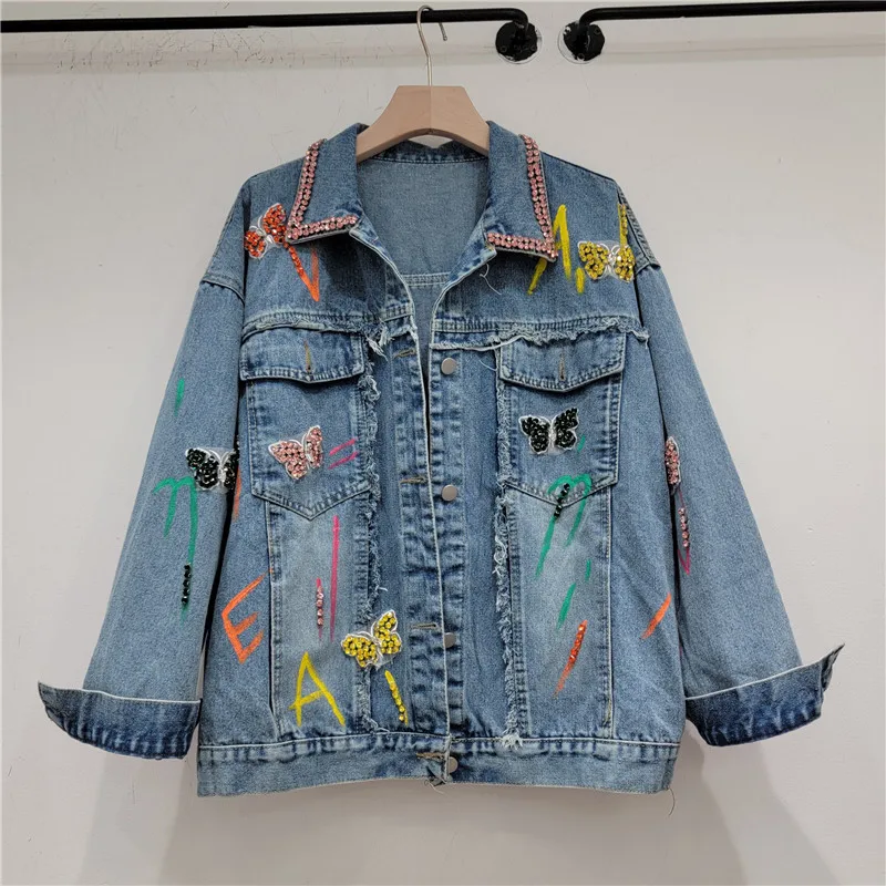 

Autumn New Women Blue Short Denim Jacket Casual Fashion Graffiti Letter Printing Diamond Butterfly Frayed Burrs Jeans Jacket