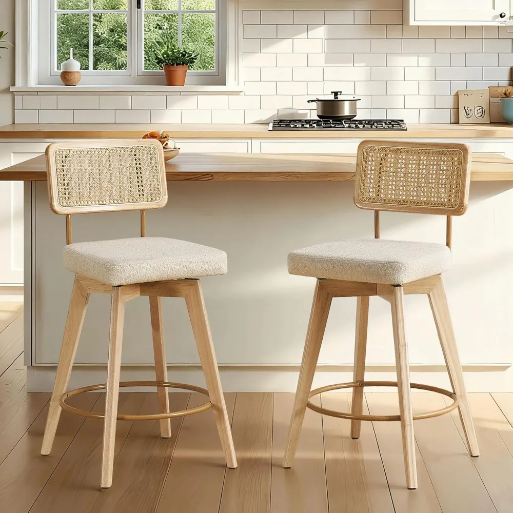 Conjunto de 2 bancos de bar giratórios de vime natural de 26 polegadas, cadeiras estofadas sem braços de madeira maciça com pernas de madeira para balcão