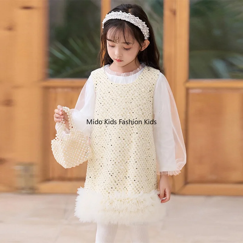 

Children's Princess Dress Autumn/Winter Arrival Fleece-Lined Thickened Vest Girls' Sequined Sleeveless Tutu Formal Dress