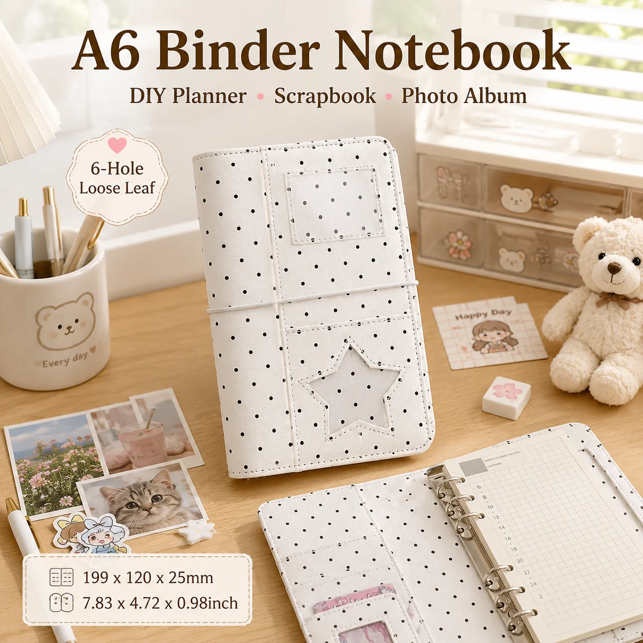A6 6-Ring-Ordner Notizbuch Gepunkteter Stoff Loseblatt-Planer Scrapbook Journal Fotoalbum Schulgeschenk