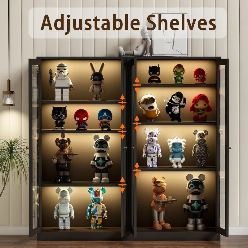 63'' Display Cabinet, Glass Display Cabinet with LED Light Curio Cabinet with Glass Doors Collectibles Large Capacity (Black)