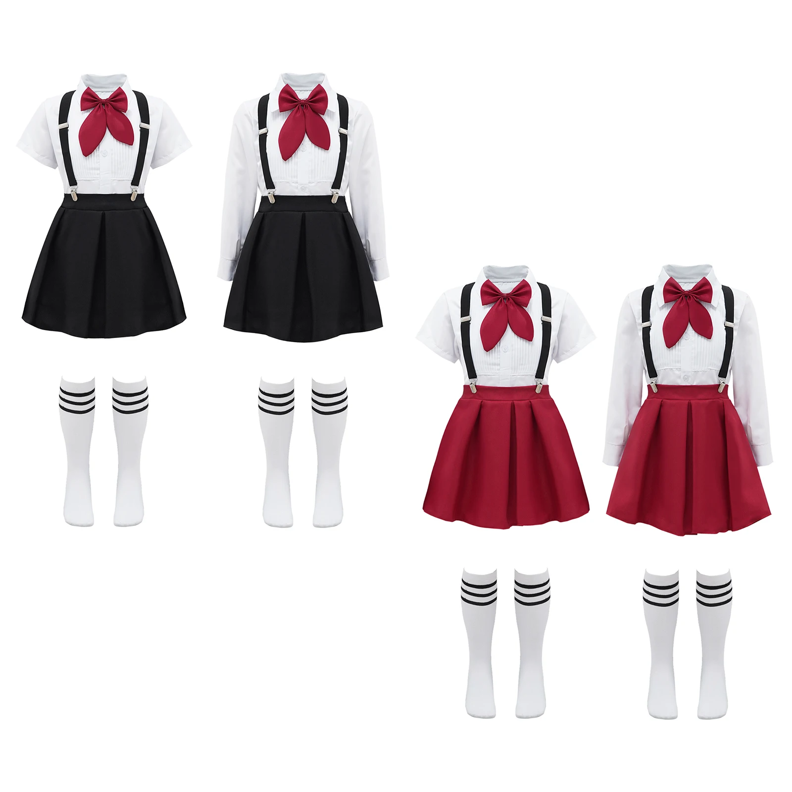 Children Girls Choir Outfits School Uniform Bow Tie Shirt with Suspender Skirt and Socks Schoolgirls Stage Performance Costume