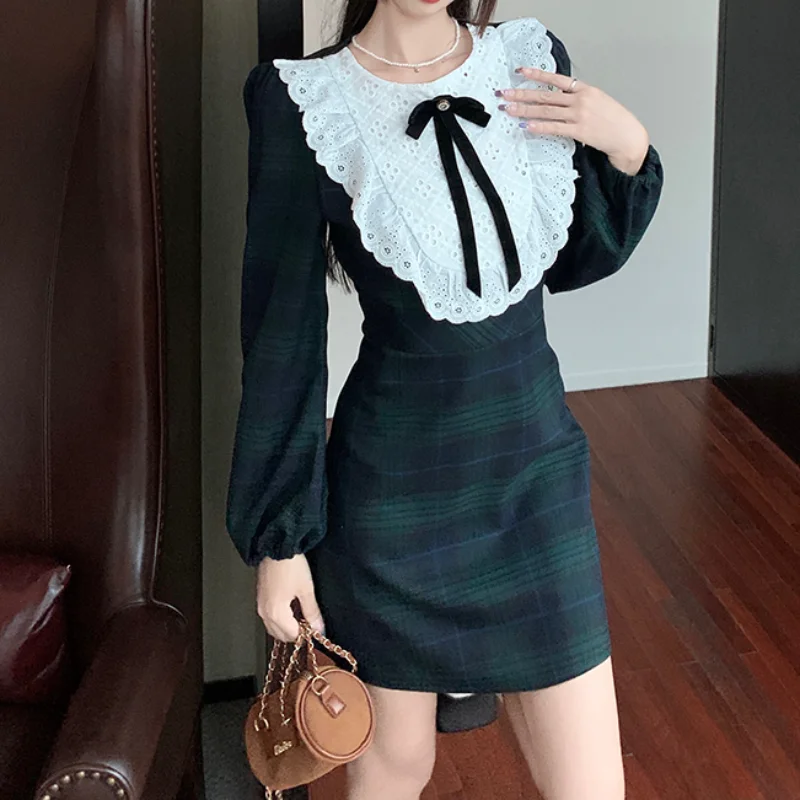 Green Plaid Lace Round Neck Sweet Dress Women Autumn French Small Fragrance Long Sleeve Preppy Princess Bow Female Mini Dress