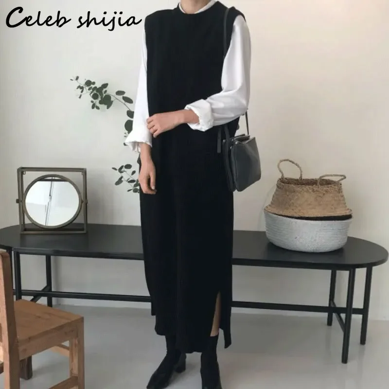 Gray Vintage Long Jumper Women Autumn  Sleeveless Oversized Sweater Dress Female Winter Warm Korean Chic Black Pullover