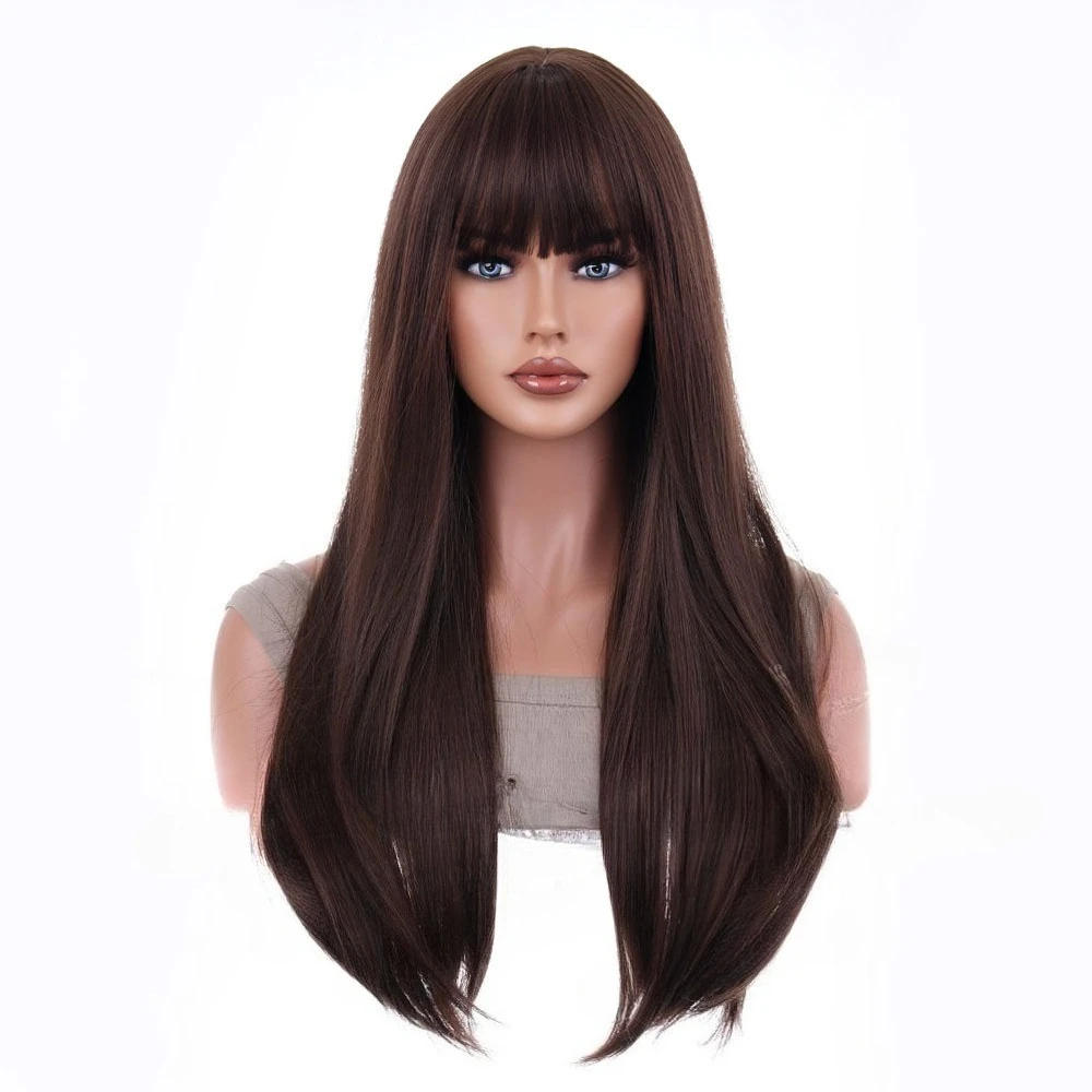 

European and American wig, dark brown, air bangs medium long straight hair, high temperature silk mechanism hair