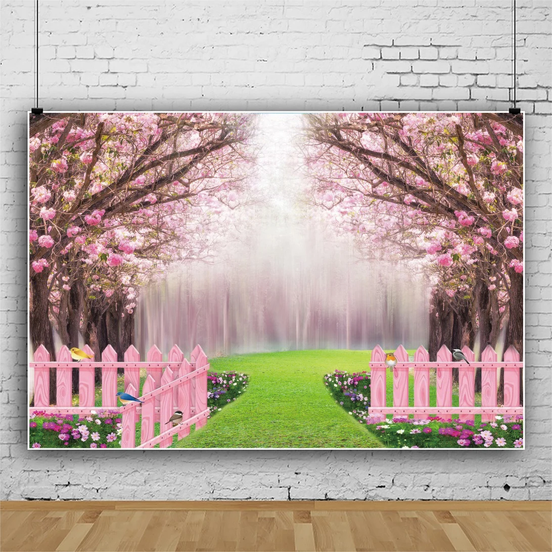 Laeacco Sping Pink Sakura Garden Backdrop Bride Shower Wedding Girls Fantasy Birthday Portrait Customized Photography Background